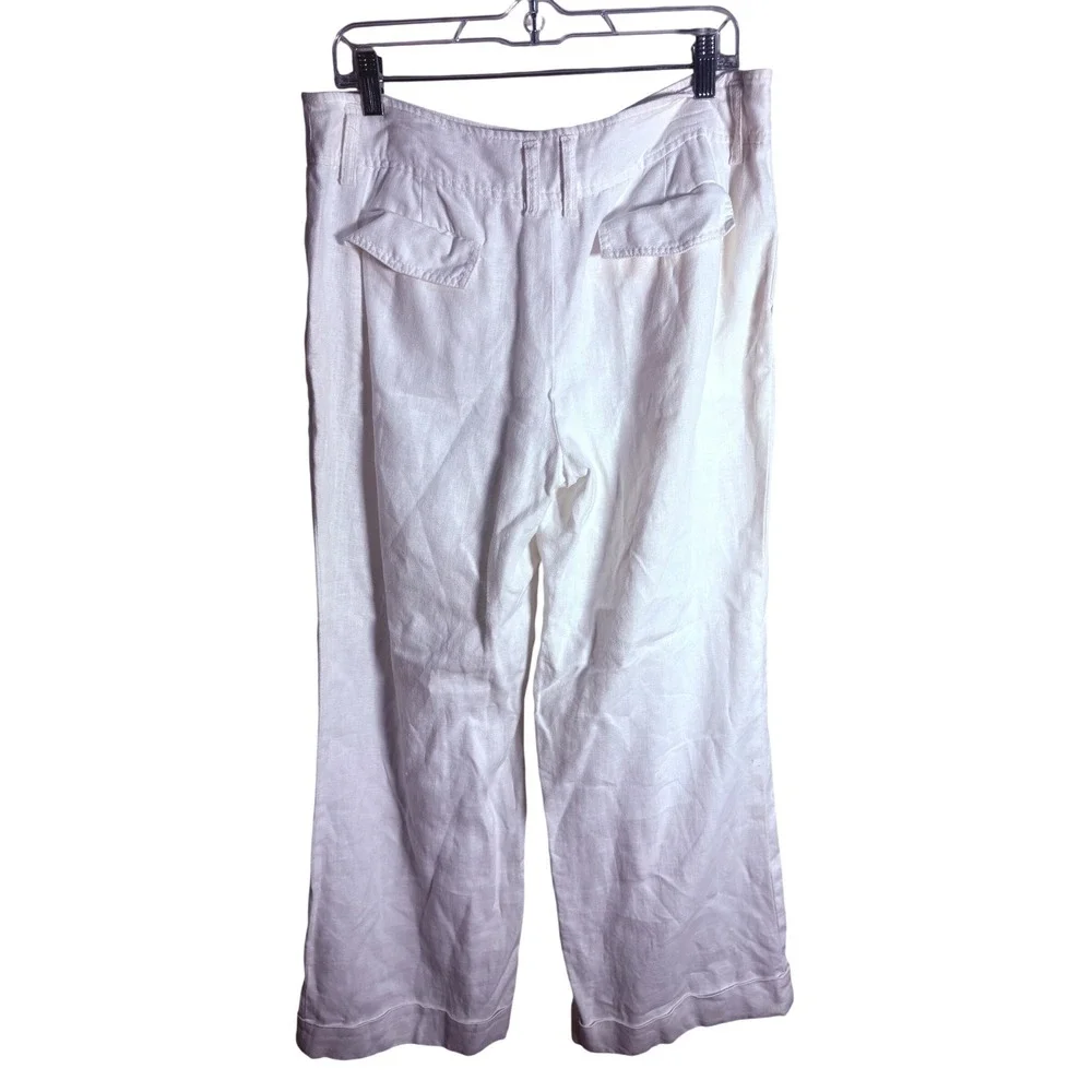 Michael Kors Linen Pants‎ Women 12 White Excellent Wide Leg Cuffed Trouser